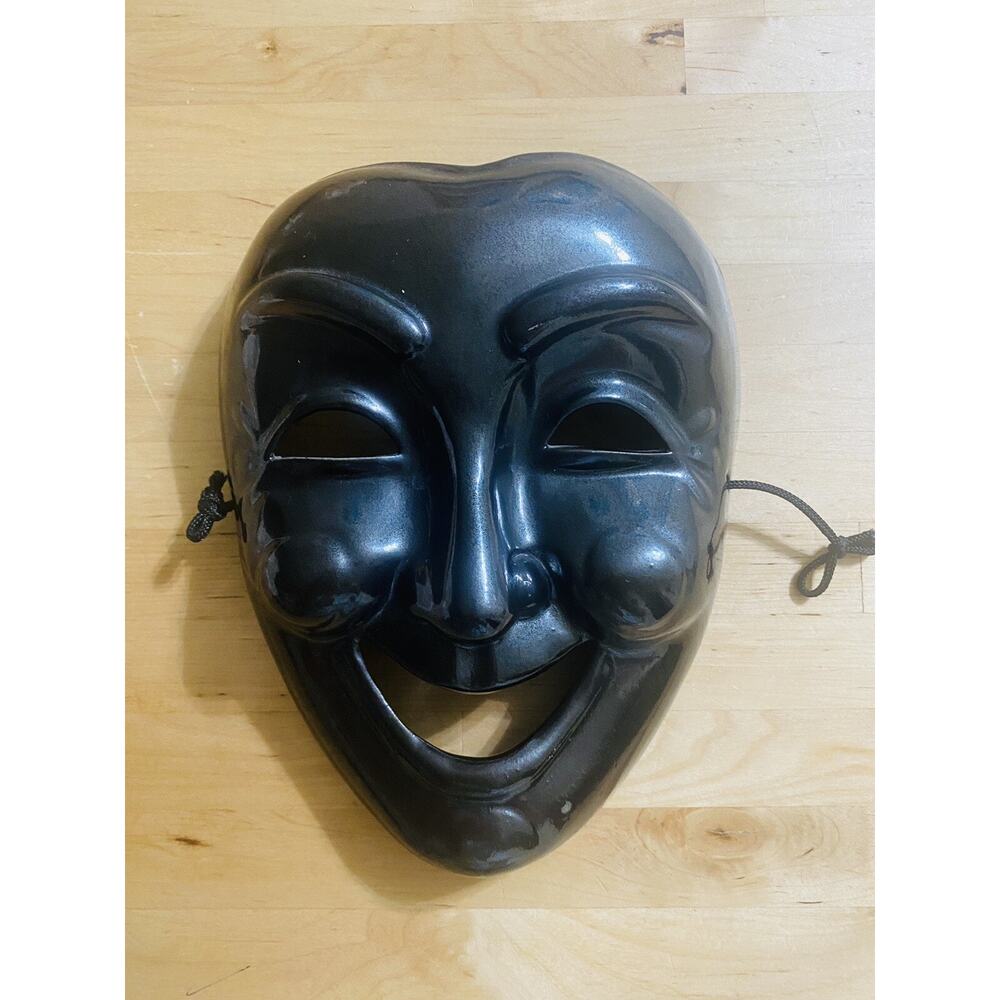 Vintage Pier 1 Imports Smiley Face Asian Ceramic Black Decorative Wall Mask 6X8”